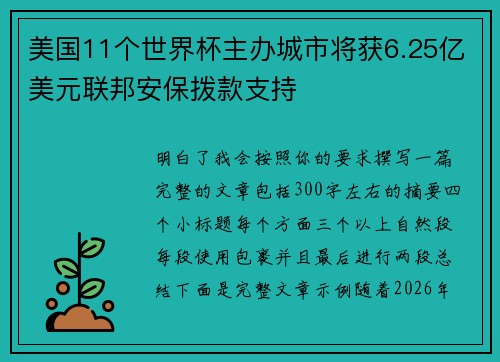 美国11个世界杯主办城市将获6.25亿美元联邦安保拨款支持
